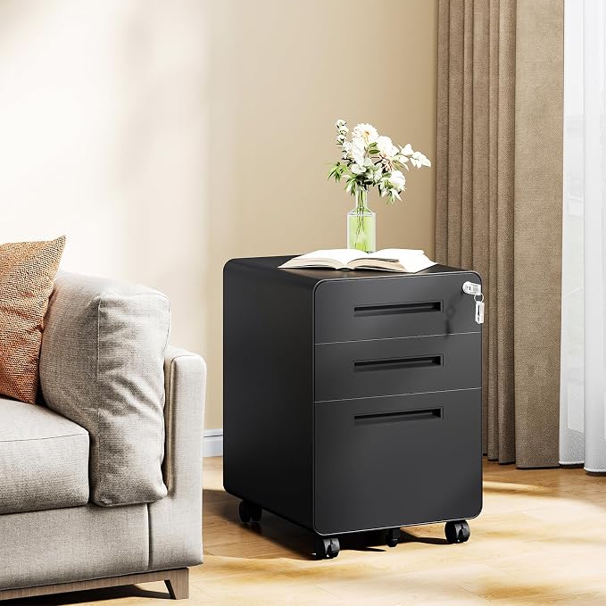 MIIIKO Mobile Filing Cabinet 3 Drawer, Rolling Small File Cabinet with Keys Under Desk, Modern Black Filing Cabinets for Home Office with Anti-tilt Wheels, A4/Letter/Legal Hanging File Drawers