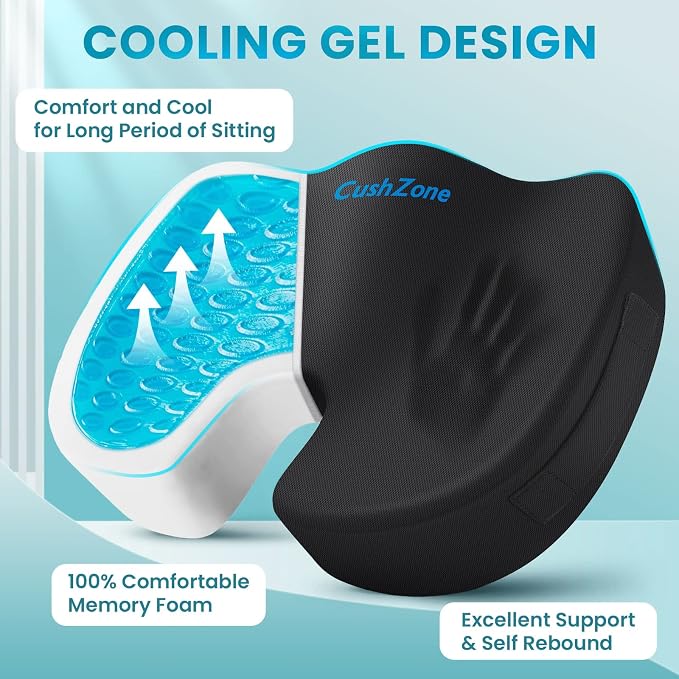 Office Chair Seat Cushion, Cooling Gel Enhanced Memory Foam Cushion for Long Sitting - Back, Sciatica, Coccyx, Tailbone Pain Relief Pillow - for Office, Gaming, Car, Wheelchair - Black, X-Large