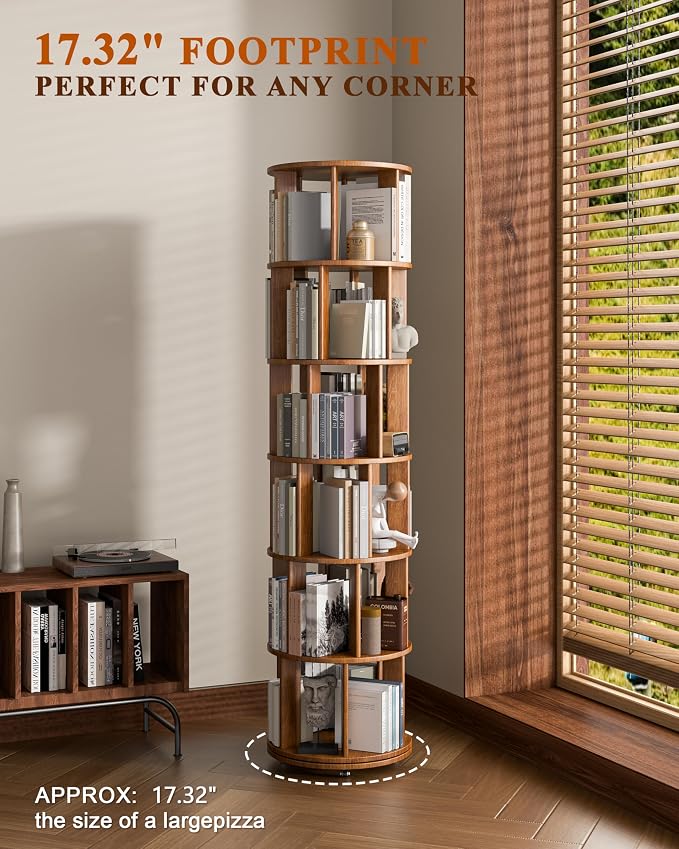 6 Tier Solid Wood Rotating Bookshelf on Wheels, 360° Spinning Book Shelf Tower, Round Revolving Bookcase Organizer, Rolling Bookshelves for Small Spaces, Corner, Bedroom, Kids Room, Office — Walnut