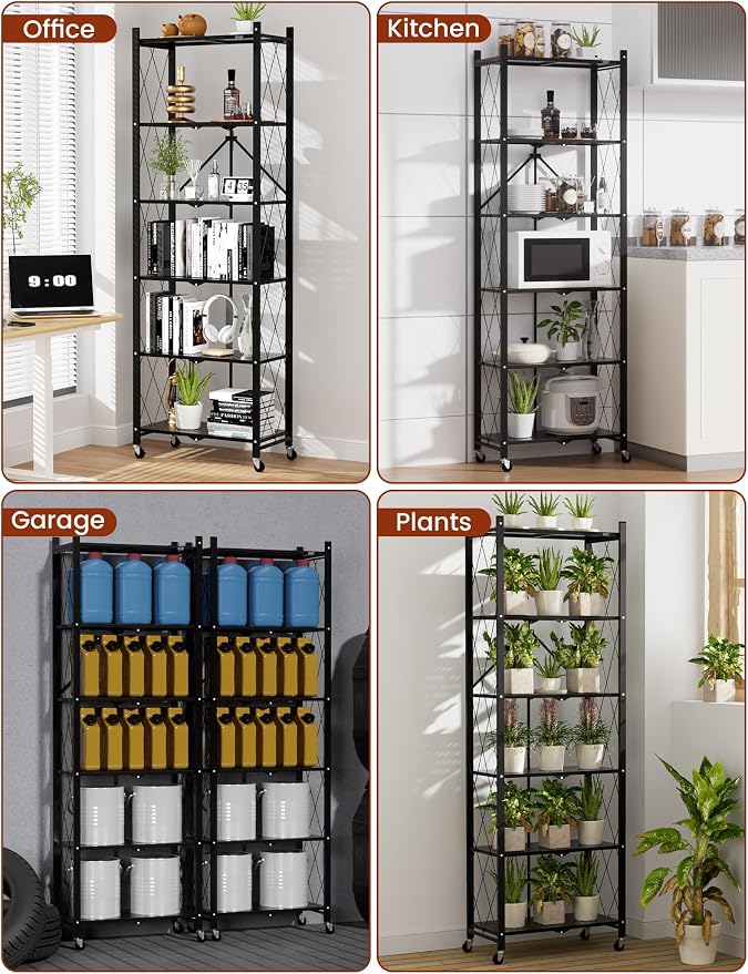 ALANNG 73.6 Inch Folding Bookshelf, 6 Tier Metal Bookcase and Bookshelves, Tall Shelves for Living Room Office Bedroom, Heavy Duty Book Shelve Free Standing Open (Black, 3PACK)