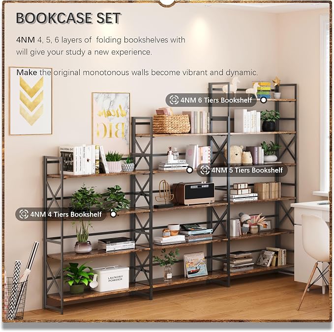 4NM Extra Wide 5 Tiers No Assembly Book Shelves, 51.2" H Folding Bookshelf Bookcase Open Industrial Foldable Shelves for Bedroom, Living Room, Home Office - Rustic Brown Black