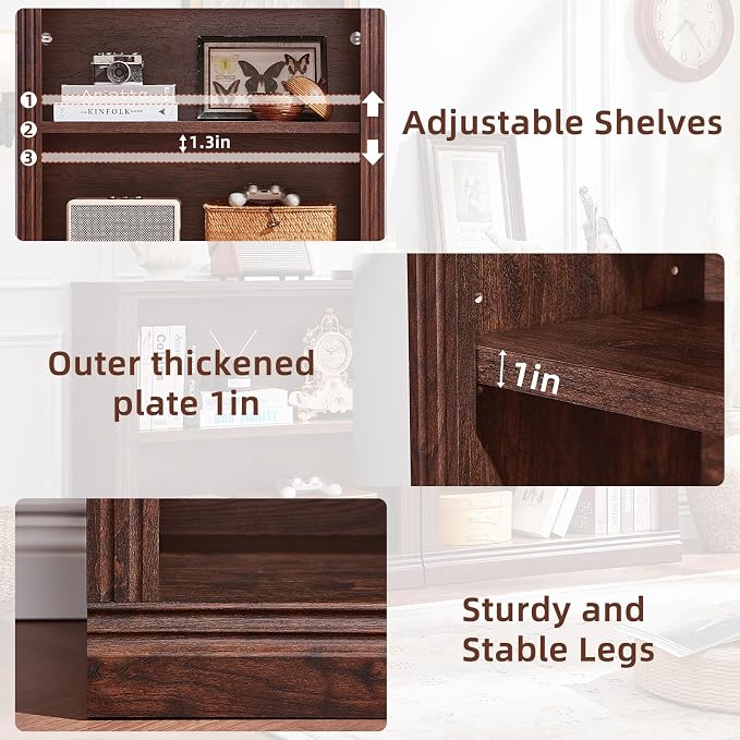 RWYHG 30" Walnut Bookshelf Set of 4,2-Tier Thick Wood Book Shelf with Adjustable Shelve,Free Standing Farmhouse Bookcase with Open Display Storage,Floor Vintage Bookshelves for Living Room,Office