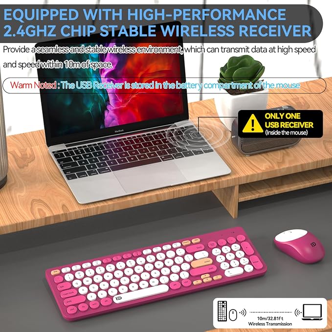 FD Wireless Keyboards and Mouse Combo - 2.4GHz USB Cordless, Cute Wireless Keyboard Round Keys, Quiet and Slim Set for Laptop, Computer, TV and Mac - Strawberry White Colorful