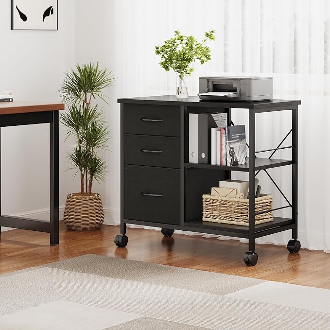 DUMOS 3-Tier Mobile File Cabinet, Printer Stand with Storage, Office Table with Drawers and Back Support Bar, Holds 110lbs for Home Office, Rustic Black