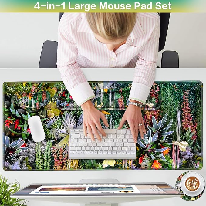 Desk Mat Floral, Large Gaming Mouse Pad with Wrist Rest, 4in1 XXL Mousepad+Keyboard Wrist Rest+Mouse Pad Wrist Support+Cup Coaster Set Ergonomic Computer Desk Arm Wrist for Decor Home Office Women