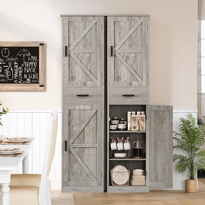 TEENFON Tall Bathroom Cabinet, Storage Cabinet with 6 Shelves & Drawer, Bathroom Storage Cabinet with Adjustable Shelves, Tall Cabinet for Living Room, Home Office, Grey
