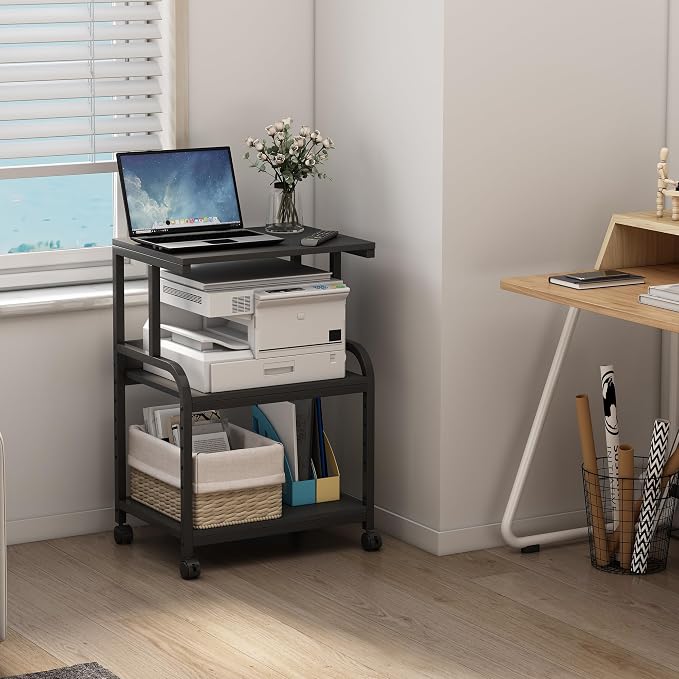 Fannova Printer Stand, 3 Tier Printer Table with Height Adjustable Storage Shelf, Rolling Printer Cart with Wheels for Home Office Organization, Black