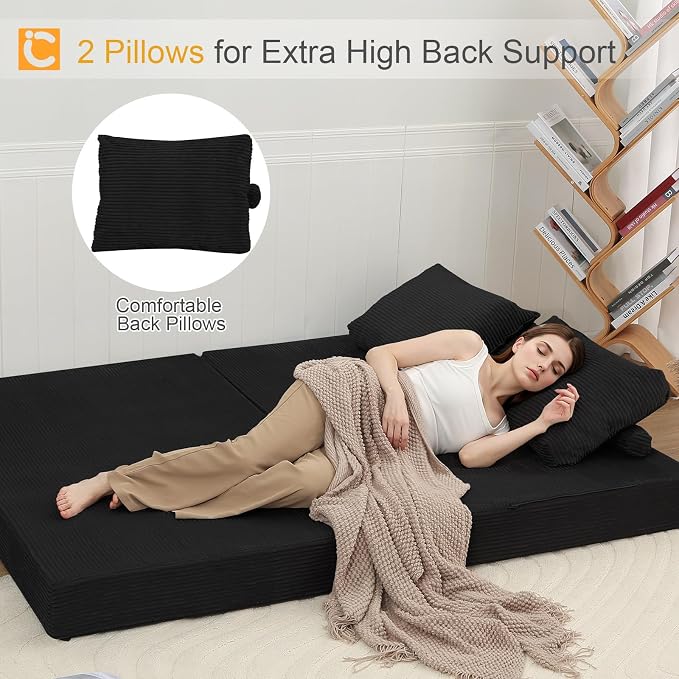 COMAX Futon Sofa Bed, Convertible Folding Sofa Bed, Boneless Couch Loveseat Corduroy with Pillows, Small Foldable Floor Couch Comfy Lounge Sleeper for Living Room Bedroom, Black