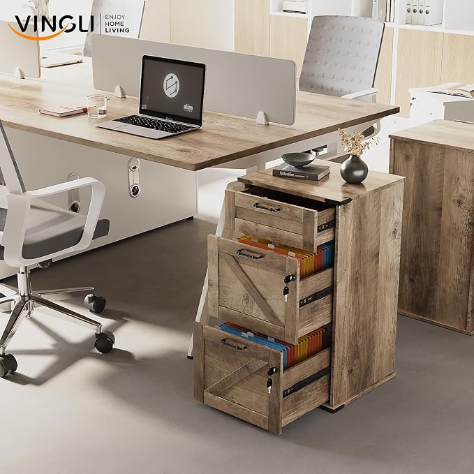 VINGLI 3 Drawer File Cabinet with Lock, Home Office Filing Organizer, for Letter Size File Folder Storage, Modern Farmhouse Style, Wood Vertical Filing Cabinet, Archivador (Rustic Gray)