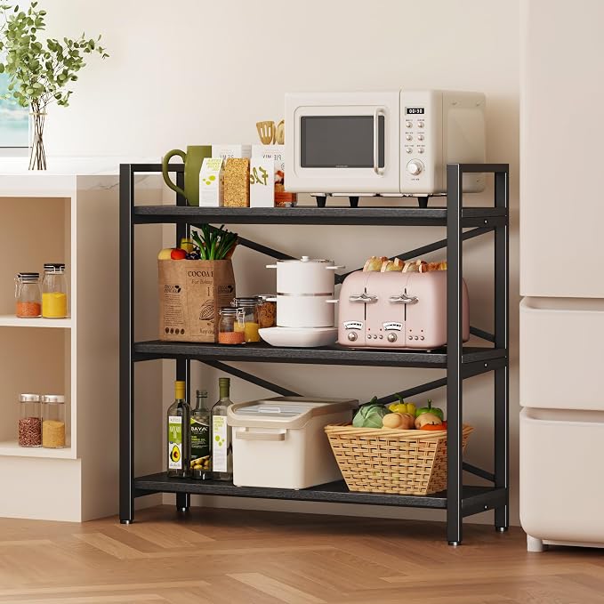 Homeiju 3 Tier Bookshelf 31.49" Width, Wood and Metal Etagere Bookcase, Vintage Farmhouse Modern Wooden Big Book Shelf for Home Living Room Bedroom Office Storage(Black)