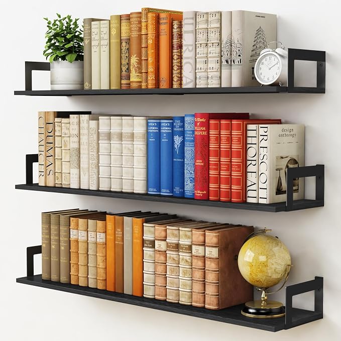 Harwaya Large Floating Book Shelves for Wall Set of 3, 36 Inch Long Wall Mount Bookshelf for Bedroom, Heavy Duty Wood Hanging Bookshelves for Books, Laundry Living Room Classroom Library -Black