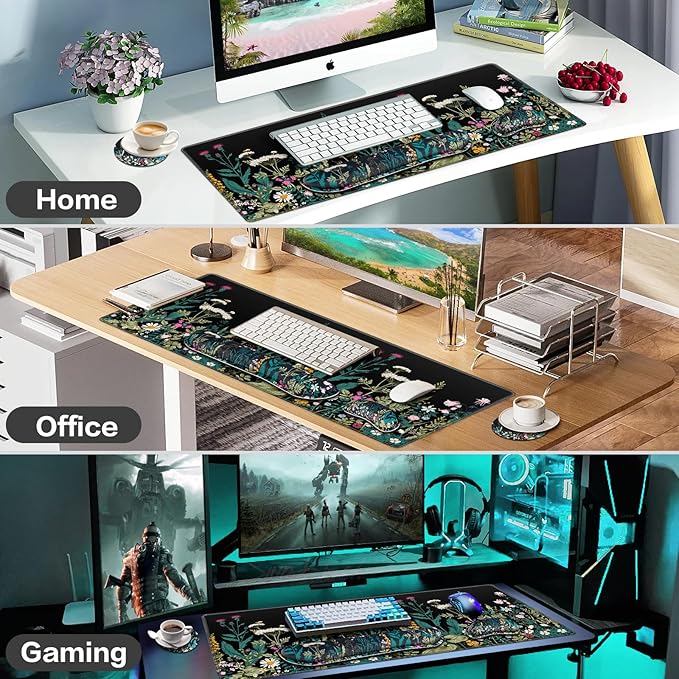 Desk Mat, Large Gaming Mouse Pad with Wrist Rest, 4in1 XXL Mousepad+Keyboard Wrist Rest+Mouse Pad Wrist Support+Cup Coaster Set Ergonomic Floral Computer Desk Arm Wrist for Decor Home Office Women