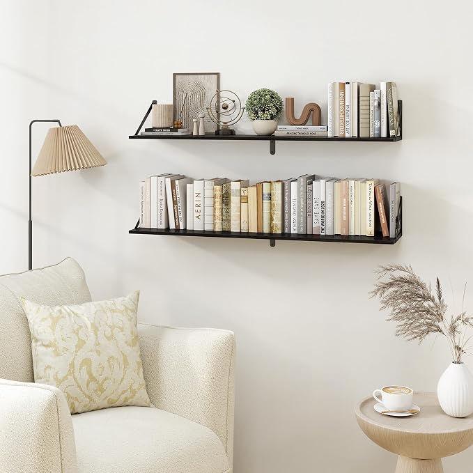 Heimlove Black Deep Floating Shelves for Wall, 40W x 8D Wood Wall Shelves Set of 2, Wide Floating Bookshelf for Living Room, Kitchen, Office, Bedroom and Decor Storage, with Metal Bracket - Black