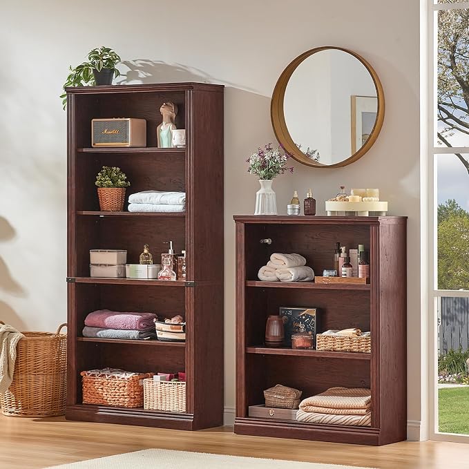 RWYHG 43" Walnut Tall Bookshelf Set of 4,3-Tier Thick Wooden Book Shelf with Adjustable Shelves,Free Standing Farmhouse Bookcase with Open Display Storage,Floor Vintage Bookshelves for Living Room