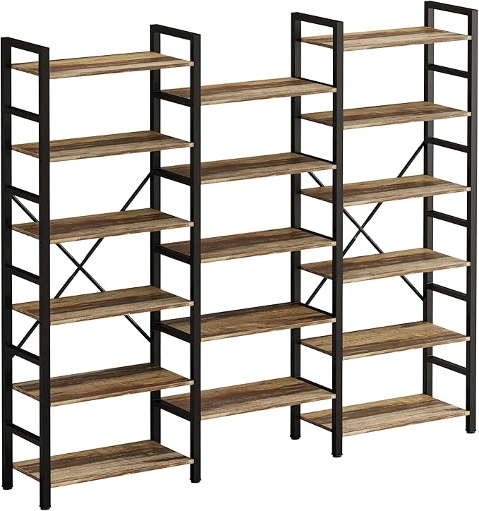 IRONCK Bookshelves 6 Tiers Triple Wide Industrial Bookshelf, Large Etagere Bookshelf Open Display Shelves with Metal Frame for Living Room Bedroom Home Office