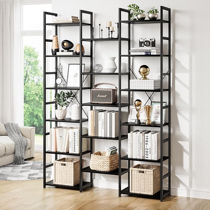 NUMENN Triple Column 6 Tier Bookshelf, Bookcase with 17 Open Display Shelves, Adjustable Rustic Industrial Style Book Shelves, Modern Bookshelves for Bedroom, Living Room and Home Office, Black