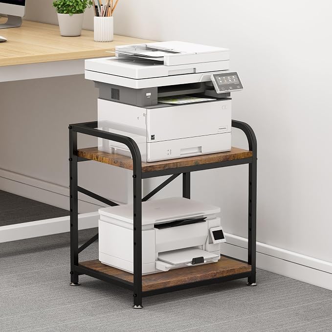 2 Tier Under Desk Printer Stand, Large Printer Table with Height Adjustable Shelf, Rolling Printer Cart with Industrial Wheels for Home Office, Scanner Fax (Rustic Brown)