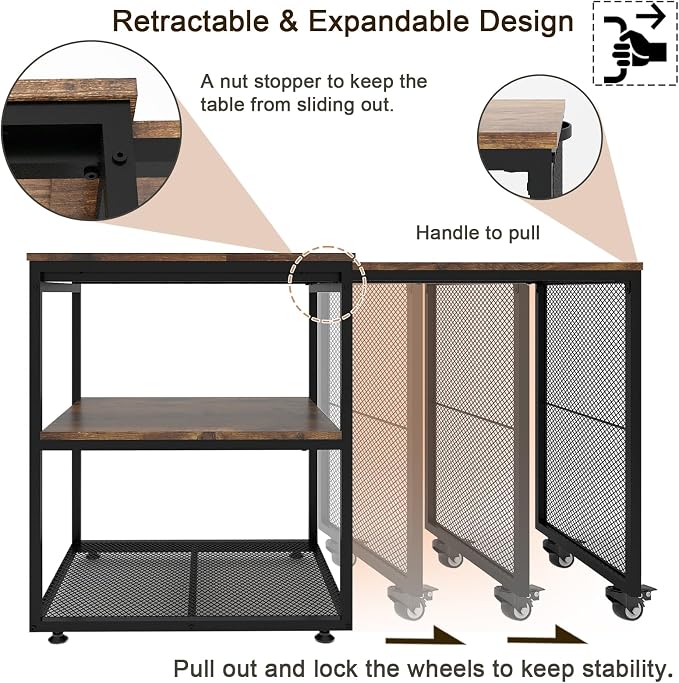 Natwind 24''x20''x29'' Large Printer Stand with Storage Shelves,Extendable Home Craft Table,Home Office Organization Desk, Versatile Table for Home Office, Kitchen, Study Room, Living Room (Retro)