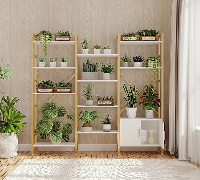 Yusong Bookshelf Triple Wide 5 Tier Bookcases with Storage Cabinet, Industrial Large Modern Tall Bookshelves with 12 Open Display Shelves for Living Room Office Bedroom, White and Gold