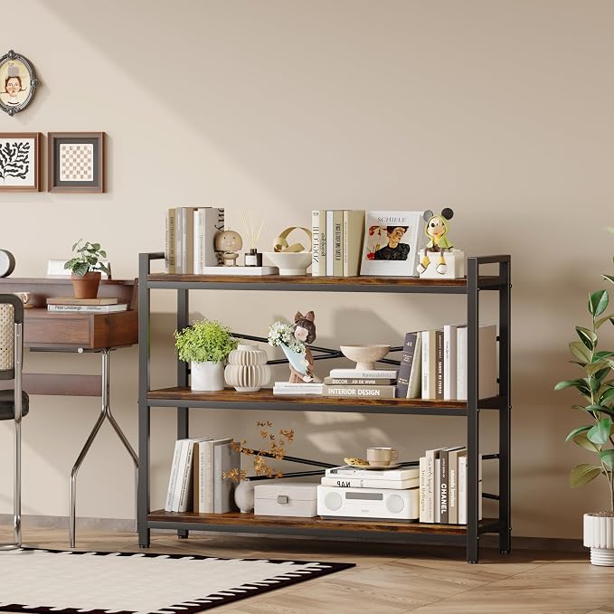3 Tier Bookshelf 39.37" Width, Long Industrial Bookcase, Vintage Farmhouse Modern Wooden Big Book Shelf for Home Living Room Bedroom Office Storage(Rustic Brown)