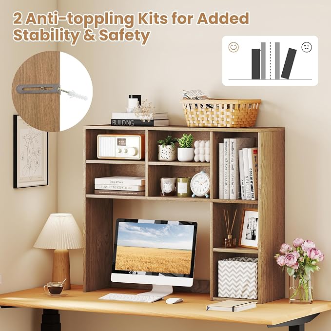 LDAILY Desktop Bookshelf, 37’’ Wood Desk Shelf with 7 Cubes & 3 Adjustable Shelves, 3-Tier Desk Display Rack, Desk Hutch for Dorm College Office Computer Monitor Up to 27’’ (Natural, 7 Shelves)
