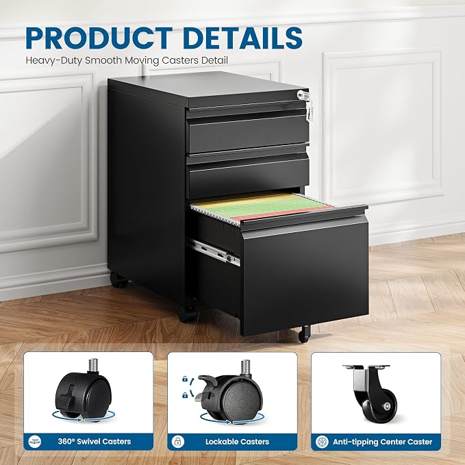 PEUKC 3 Drawers Mobile File Cabinet with Lock, Under Desk Rolling File Cabinet for Home Office, Organizes Letter Legal A4 Files, Black(Pre-Assembled)