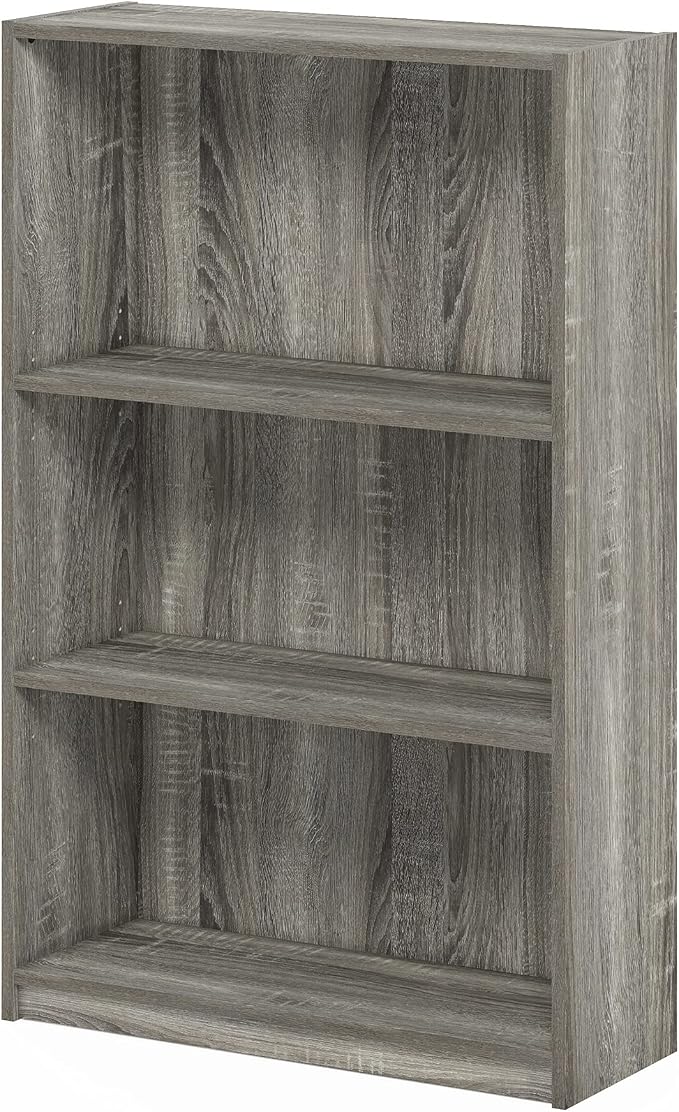 Furinno Jaya Book Shelf, 3-Tier Bookshelf, Standing Bookcase with Adjustable Shelves, 9.5 x 24.5 x 40.3, for Organization and Storage, for Living Room, Bedroom, Home Office, Grey Oak