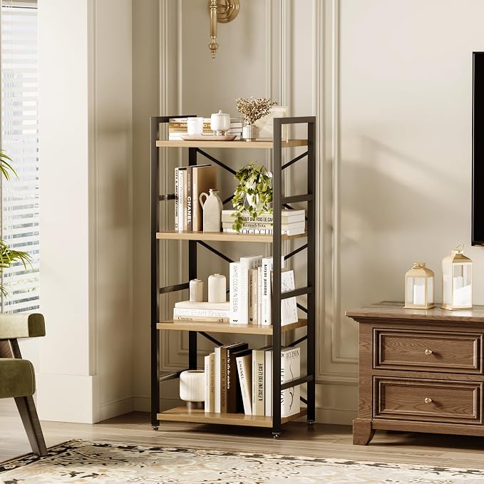 Bookshelf, Kid's Bookshelf, 4 Tier Small Bookcase, Metal Small Bookcase, Book Shelf Organization and Storage for Living Room, Bedroom, and Home Office (Light Coffee)