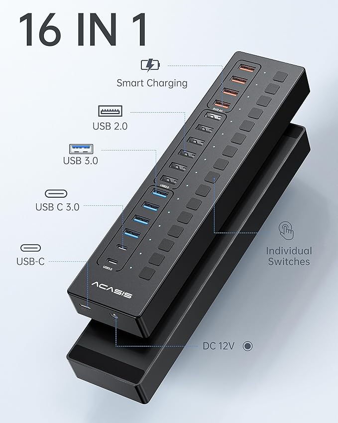Powered USB 3.0 Hub, ACASIS 16 Port USB Hub Powered(Include 2*USB C 3.0+4 Smart Charging Port) with 60W Power Adapter, Support Wall Mount, USB Hub for PC Laptop, Mac, Printer, Camera