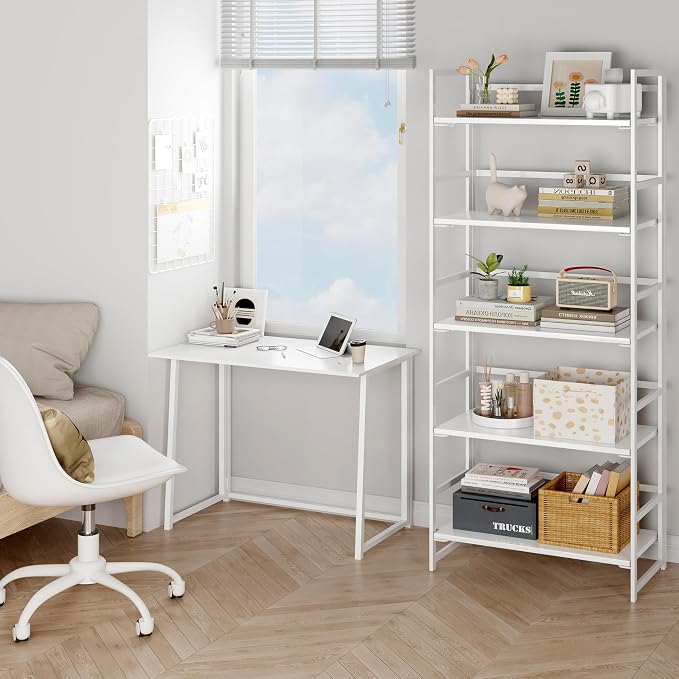 BHG Vintage Multifunctional Folding Bookshelf, No-Assembly Plant Stand Storage Rack Shelves for Home Office (All White, 5-Tier)