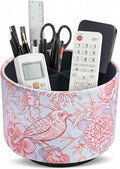 Round Leather Art Supply Organizer,Remote Control Holder,360 Degree Spinning,Multi-Functional Pencil Holder,4 Compartments Desktop Stationary Organizer(1-Pink Blue Bird)