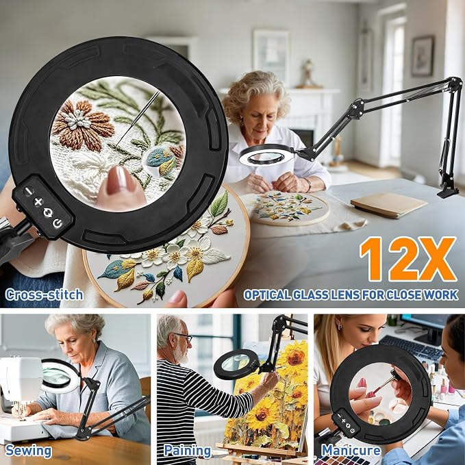 HITTI Ultra Long 12X & 30X Magnifying Glass with Light and Clamp, 5 Color Modes Steepless Dimming Desk Lamp, Swivel Arm Workbench Light, Hands Free Lighted Magnifier Stand for Craft Reading Hobby