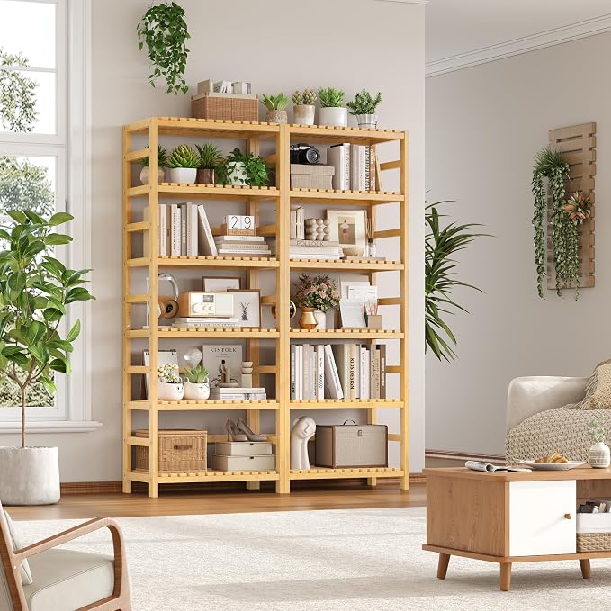 FOTOSOK 6-Tier Bamboo Shelf, Bamboo Bookcase with Adjustable Shelves, Free Standing Storage Shelf Unit, Plant Flower Stand for Kitchen, Bathroom, Home Office, Natural