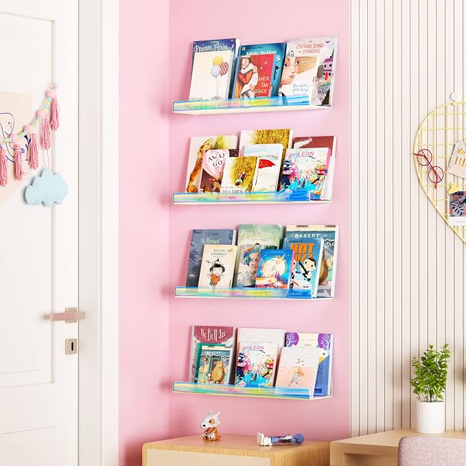 upsimples Acrylic Shelves for Wall Decor, 15" Display Shelf for Perfume, Skincare, Nail Polish, Wall Organizer for Bathroom, Bedroom, Living Room, Playroom, Kids Bookshelf, Iridescent, 2 Pack