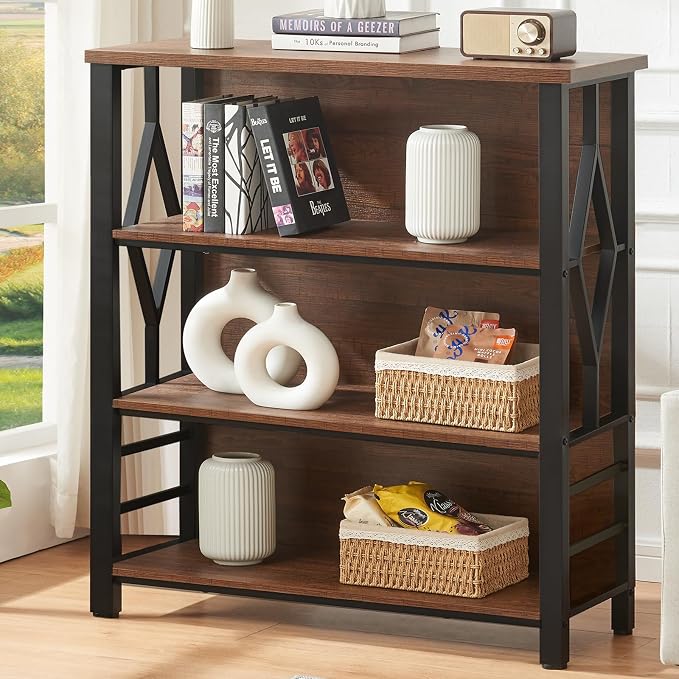 HOMISSUE Bookshelf, 4-Tier Rustic Short Bookshelf, Industrial Shelf Bookcase with Engineered Wood Shelves, Low Bookcase with Storage, Small Shelf for Living Room, Bedroom and Office, Rustic Brown