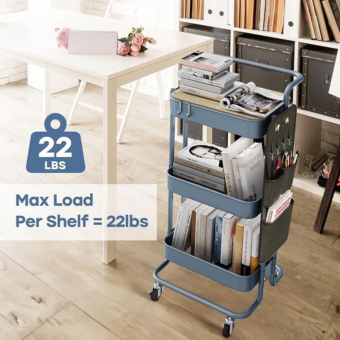 DTK 3 Tier Metal Utility Rolling Cart with Table Top and Side Bags, Metal Tray Storage Organizer Cart with Wheels, Art Craft Cart with 4 Hooks for Kitchen Bathroom Office Living Room (Blue)
