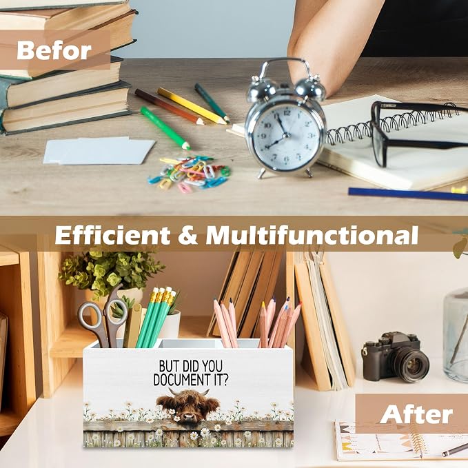 DILSJ Funny Highland Cow Office Pen Pencil Holder Organizer for Desk, Human Resource Gifts, But Did You Document It Farmhouse Highland Cow Wooden Box Signs for Home Office Desk Tabletop Decoration