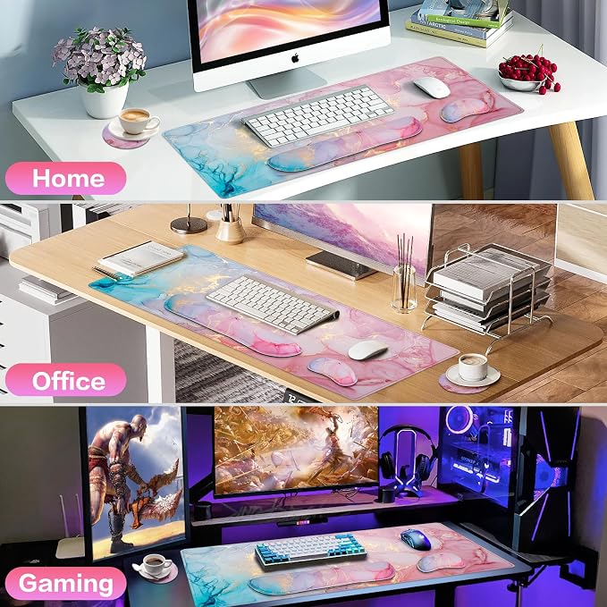 Mouse Pad Pink, Mouse Pad with Wrist Rest, 4-in-1 XXL Extended Large Desk Mat +Mousepad with Gel Wrist Support+Keyboard Wrist Rest+Coaster,Ergonomic Desk Pad for Study Gaming Home Office Computer