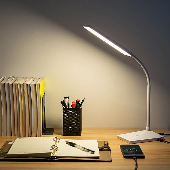 RAOYI LED Desk Lamp, 12W Dimmable Table Lamp Eye-Caring Reading Light with USB Charging Port Touch Control 5 Color Modes 7-Level Brightness Adjustable for Office Home Bedroom (White)