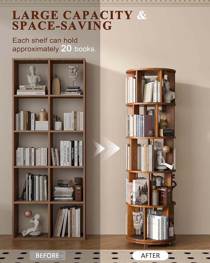 5-Tier Solid Wood Rotating Bookshelf on Wheels, 360° Spinning Book Shelf Tower, Round Revolving Bookcase Organizer, Rolling Bookshelves for Small Spaces, Corner, Bedroom, Kids Room, Office, Walnut