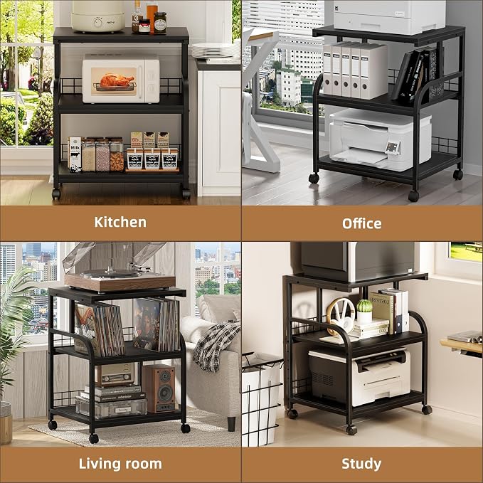 Lerliuo Large Printer Stand with Storage, 23.6"W x 18.9"D x 30.2"H, 5-Adjustable Shelf Heights Mobile 3 Tier Table with Lockable Wheels, Industrial Rolling Printer Cart, Black Stands for Home Office