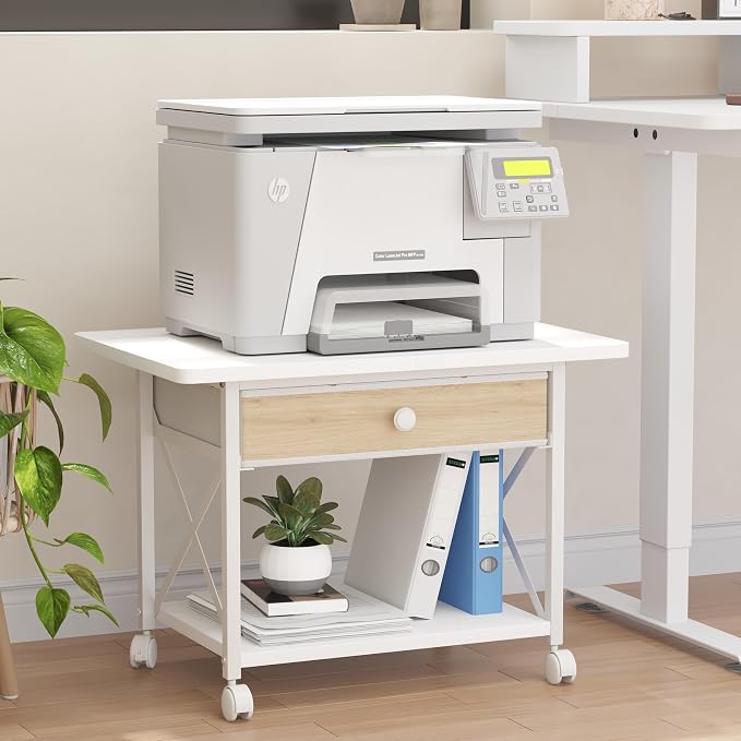 EasyCom 23.6" x 15.7" Under Desk Printer Stand with Storage Drawer, 2-Tier Shelf Desktop Printer Table for Desk with Wheels, Large Rolling Cart for Home Office Fits 3D Printer Scanner White