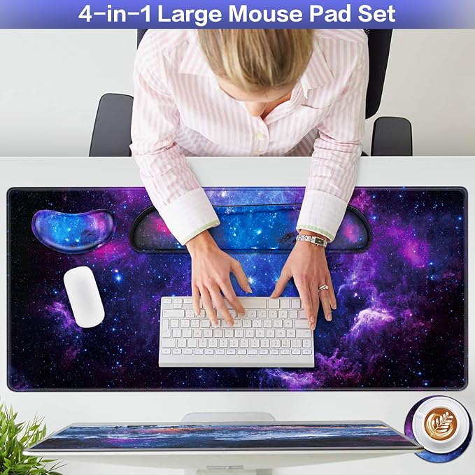 Mouse Pad Galaxy with Wrist Rest, 4-in-1 Large Mousepad+Keyboard Wrist Rest+Mouse Pad Wrist Support+Cup Pad Set,Ergonomic Mouse Pad,Anti-Slip,Memory Foam Desk Mat for Home Office Gaming(35.4×15.7in)