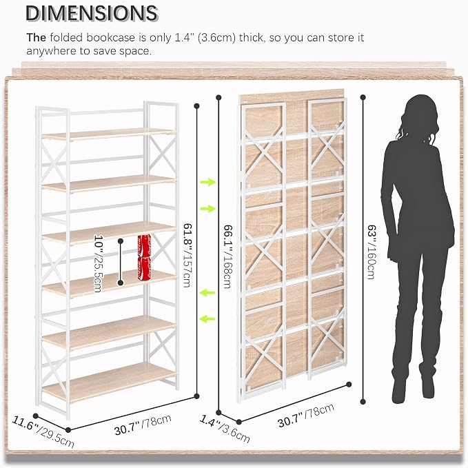 4NM Extra Wide 6 Tiers No Assembly Book Shelves, 61.8" H Folding Bookshelf Bookcase Open Industrial Foldable Shelves for Bedroom, Living Room, Home Office - Natural White