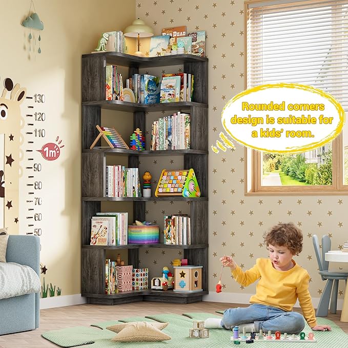 Armocity Corner Book Shelf - 6 Tier Corner Bookshelf Etagere Bookcase with Baffle, Freestanding L Shaped Display Shelf Stand for Home Office, Living Room, Bedroom, Kitchen, Grey Oak