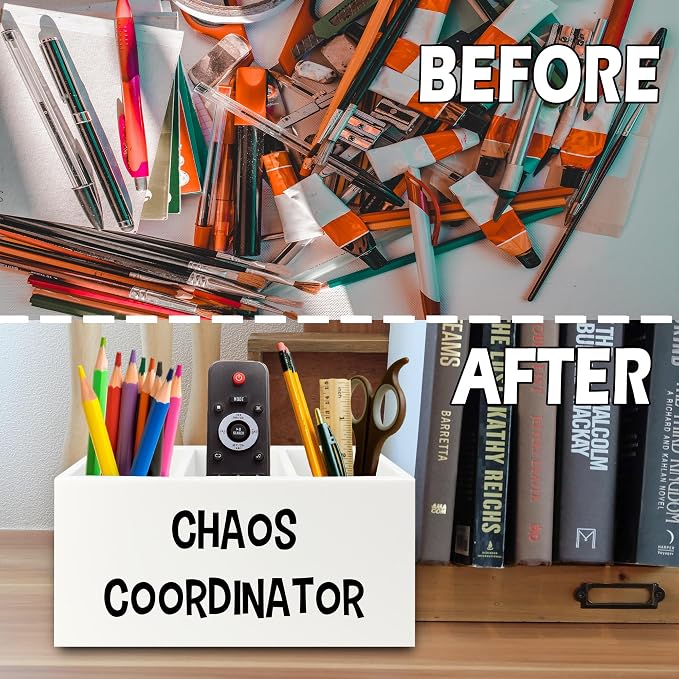 Chaos Coordinator Pen Pencil Holder Organizer for Desk, Thank You Gifts for Women Men Coworkers Boss Leader Manager, Appreciation Gifts Wooden Box Sign for Home Office Desk Tabletop Decorations