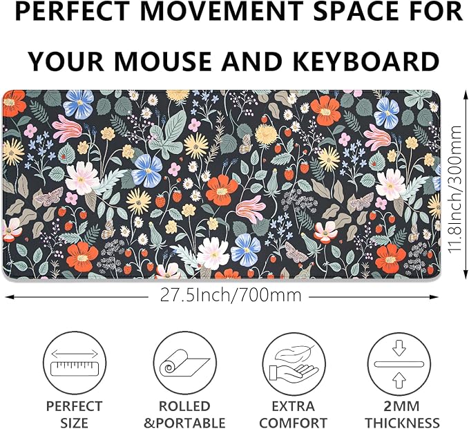 Strawberry Flowers Mouse Pad Desk Pad,Extended Gaming Mouse Mat with Stitched Edges Non-Slip Waterproof Rubber Base Mous Mat for Office,Computer,Keyboard,Laptop and Home Desk Pad(27.5X11.8 in)