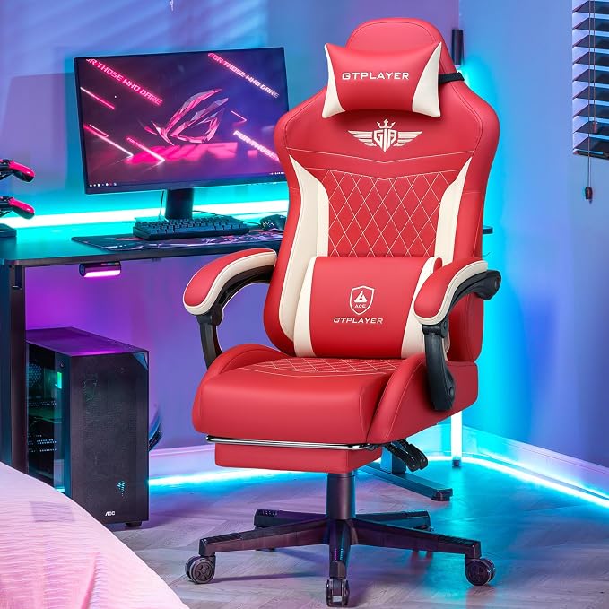 GTPLAYER Gaming Chair, Video Game Chairs with Footrest and Lumbar Support, Computer Chair for Adults with Extended Backrest, Ergonomic Reclining Silla Gamer, PU-Leather, Red