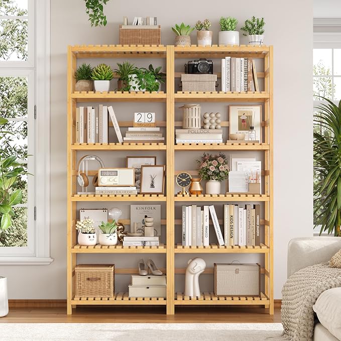 FOTOSOK 6-Tier Bamboo Shelf Set of 2, Bamboo Bookcase with Adjustable Shelves, Free Standing Storage Shelf Unit and Plant Flower Stand, Tall Large Bookshelf for Kitchen, Bathroom, Home Office, Natural