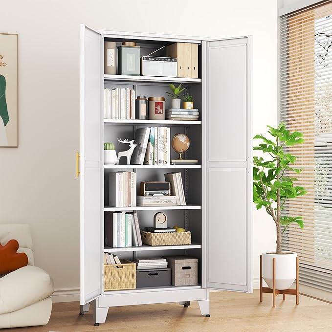 White Metal Storage Cabinet,75" Steel Cabinets for Home Office, Kitchen Pantry Storage Cabinet with Doors and 5 Adjustable Shelves, Tool Cabinets, for Office, Home, Garage, School